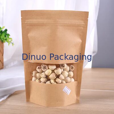 Eco Friendly Kraft Paper Stand Up Pouches Food Grade Resealable Clear Window Storage Bags for Snacks Coffee Home Kitchen