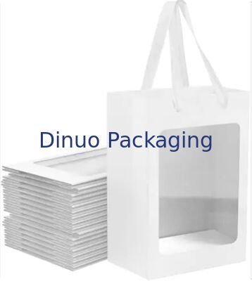 पुन: प्रयोज्य भूरा / सफेद / काला खिड़की वाला क्राफ्ट पेपर टोट बैग, उपहार देने के लिए रिबन हैंडल के साथ